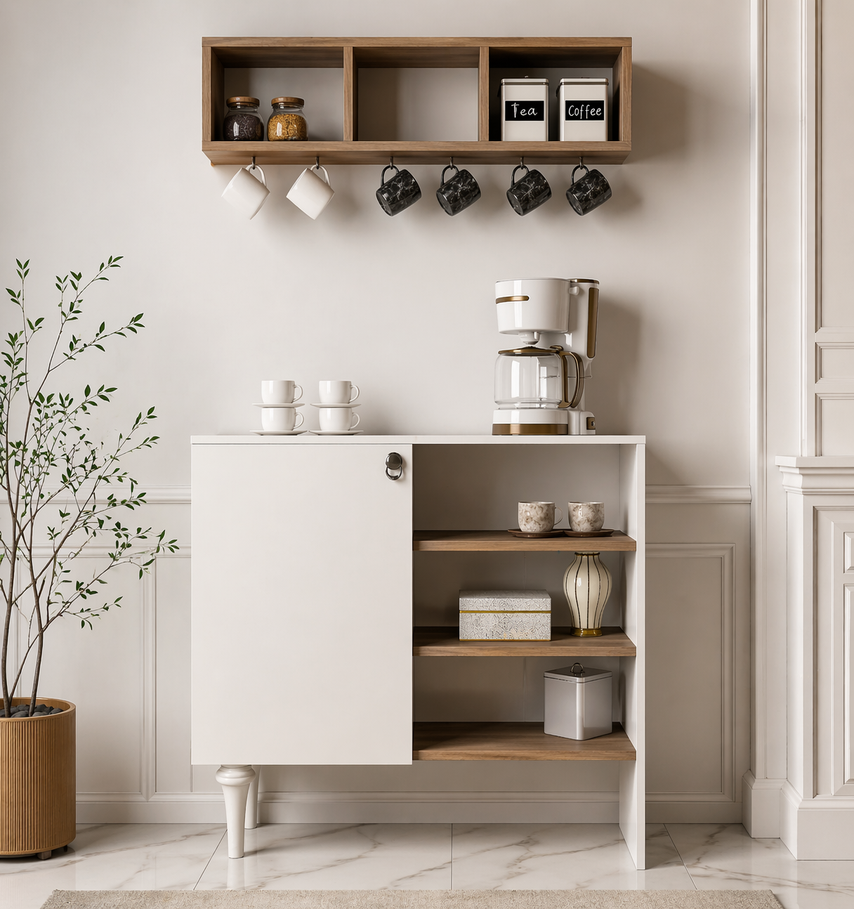 Modern Coffee Cabinet with Wall Shelf Set