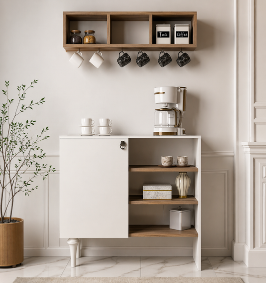 Modern Coffee Cabinet with Wall Shelf Set