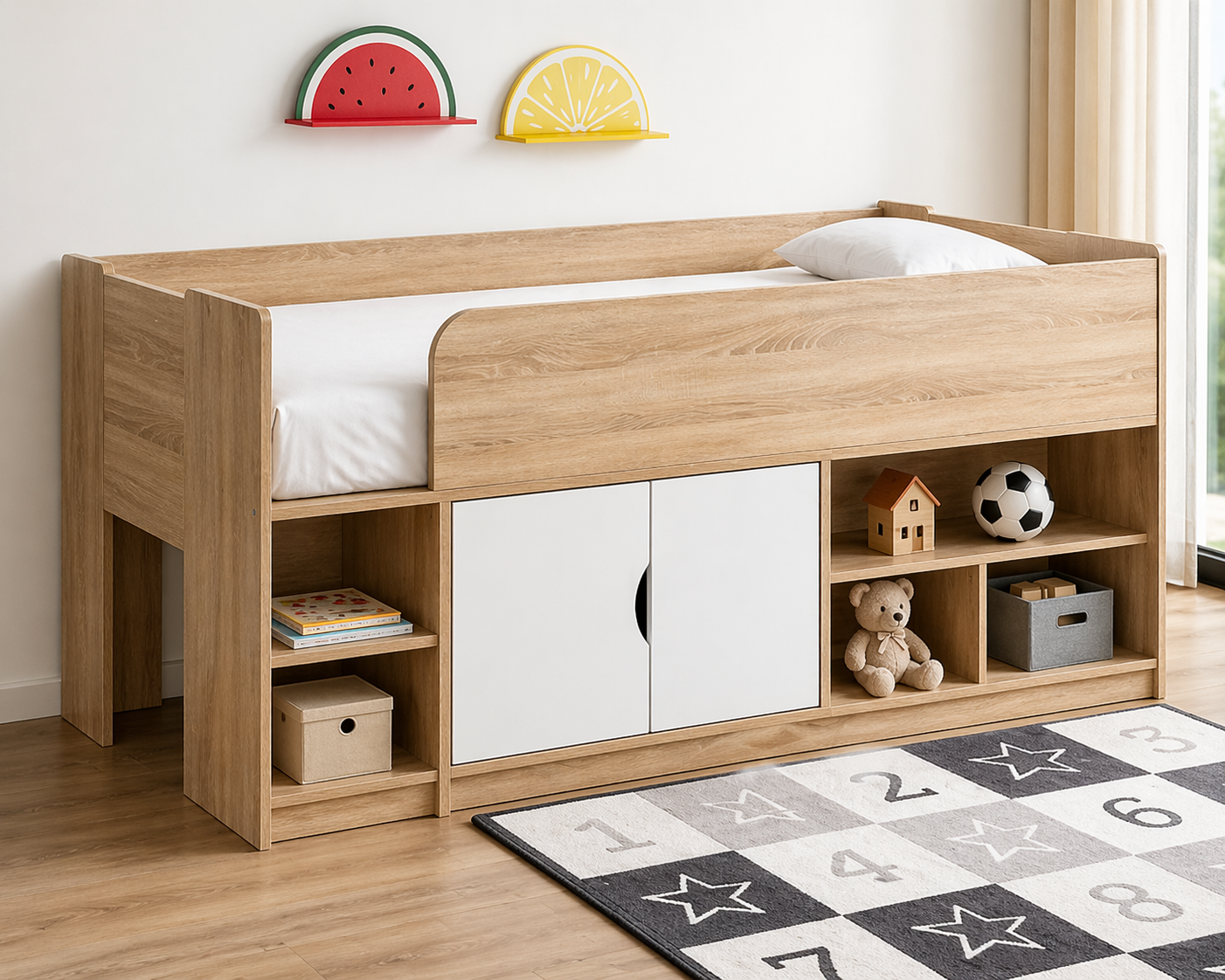 Kids Storage Bed with Shelves & Cabinet