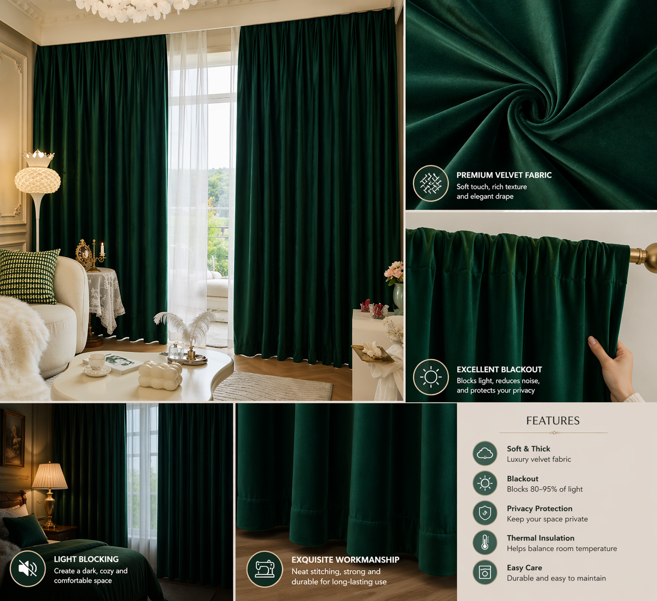 Luxury Velvet Blackout Curtains – Dark Green