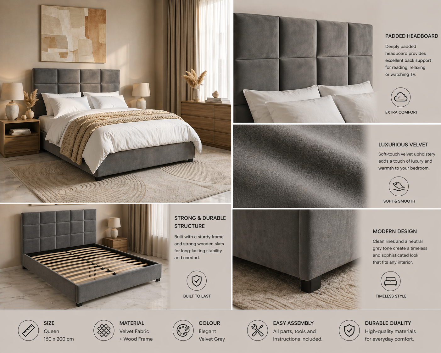 Modern Velvet Upholstered Queen Bed